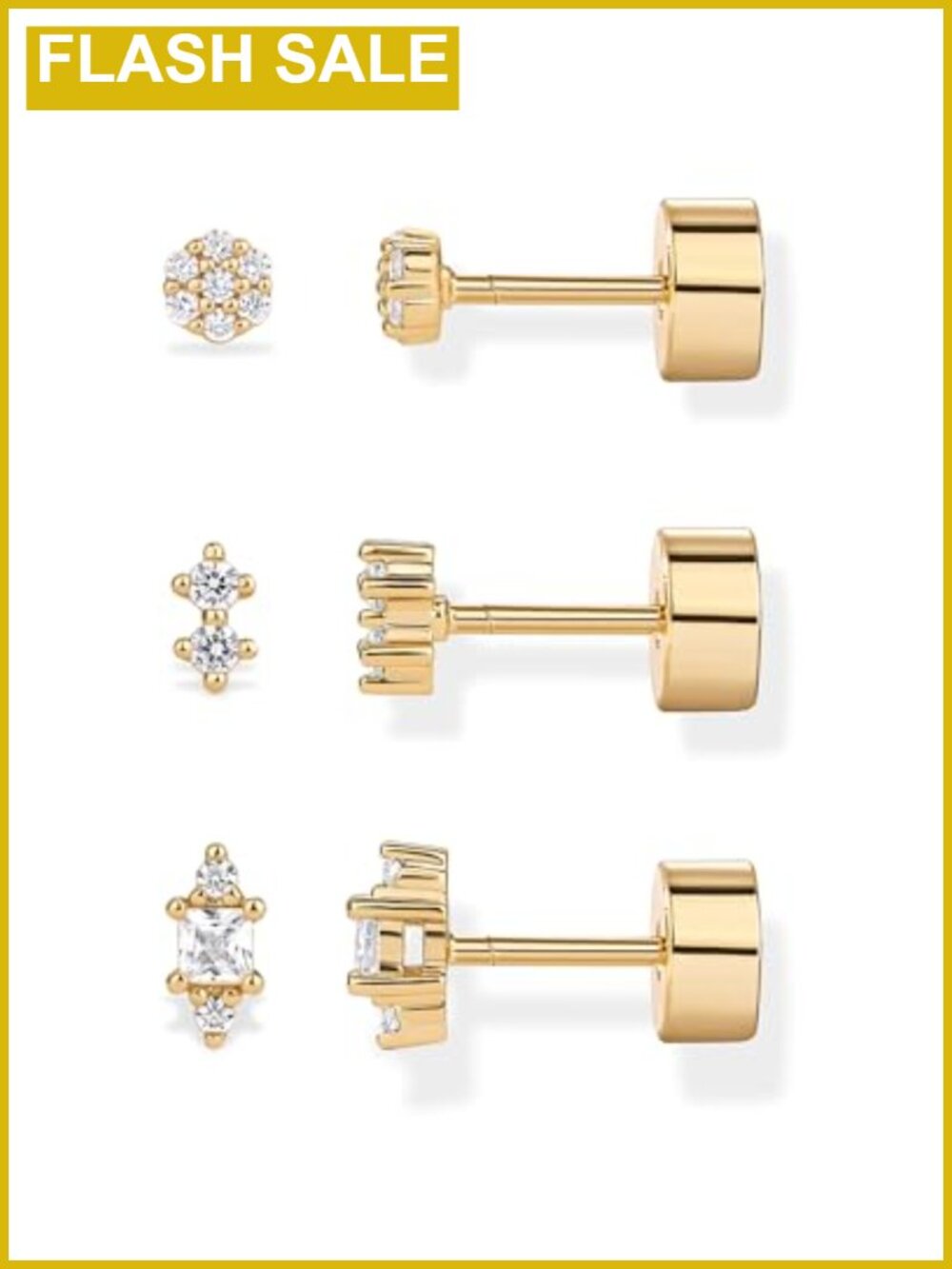 14K Gold Plated Stud Earrings Set - Cubic Zirconia Hypoallergenic Screw Back
